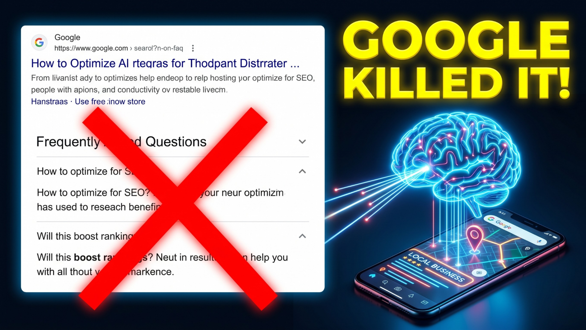 Graphic showing Google search link with a red cross over dropped FAQ boxes next to a glowing AI citation map.