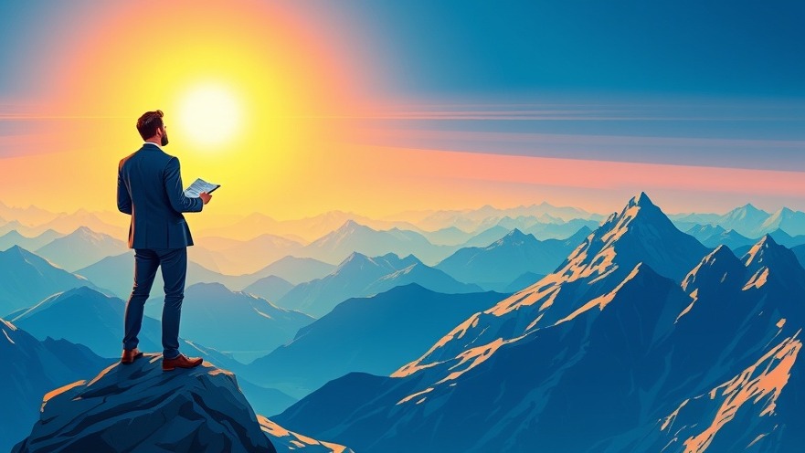 Business leader on mountain peak with roadmap, symbolizing vision and strategy.