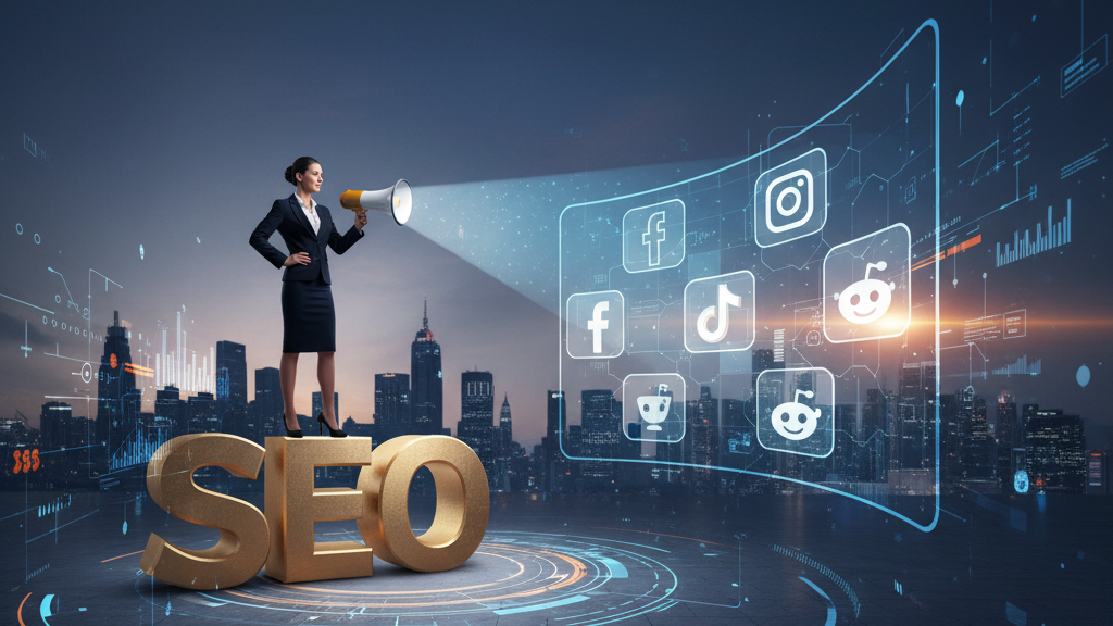 A person in business attire standing on a giant gold 'SEO' letter, using a megaphone to project light onto a large screen displaying multiple social media icons