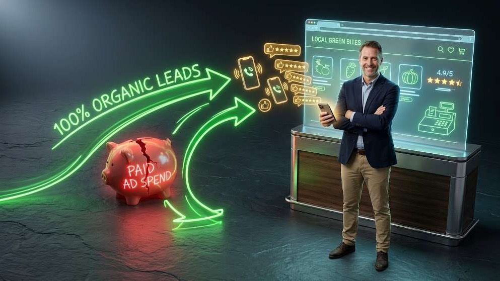 3D commercial graphic showing a small business getting local customers organically without spending money on paid ads.