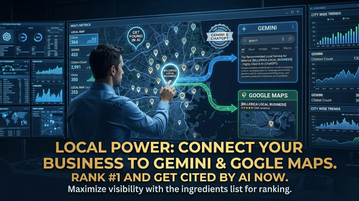  Local SEO map showing how a business entity connects to AI search results and Google Maps.