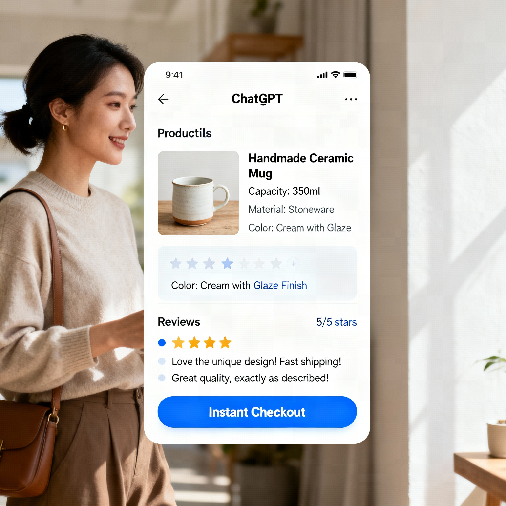 image of someone purchasing a ceramic mug inside ChatGPT