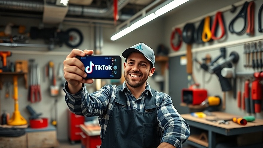 Plumber filming TikTok in a bright workshop filled with tools, energetic vibe.