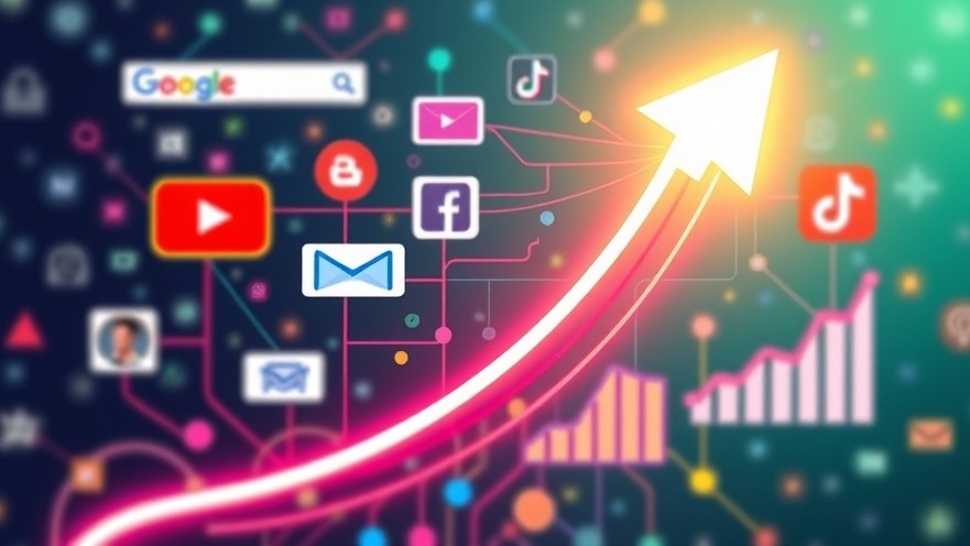 Vibrant digital marketing elements converging into a glowing arrow symbolizing growth.