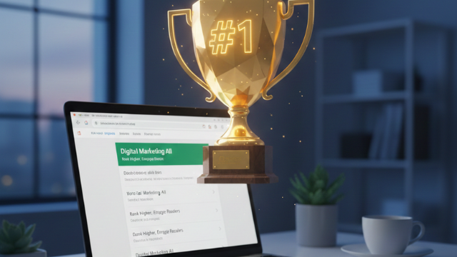 A clean, modern office desk with a glowing hologram of a golden trophy above a laptop screen showing a #1 search ranking.