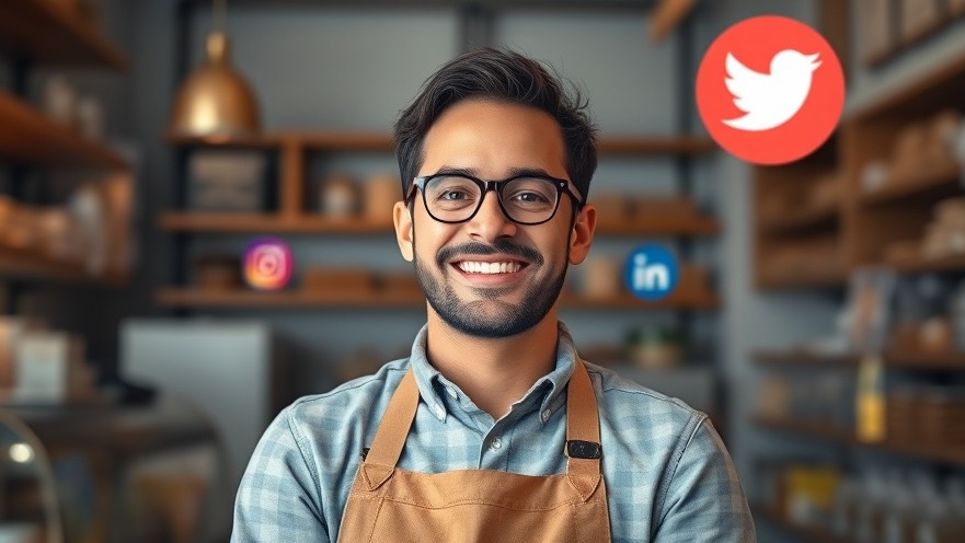 Cheerful small business owner in bakery with glowing social media icons
