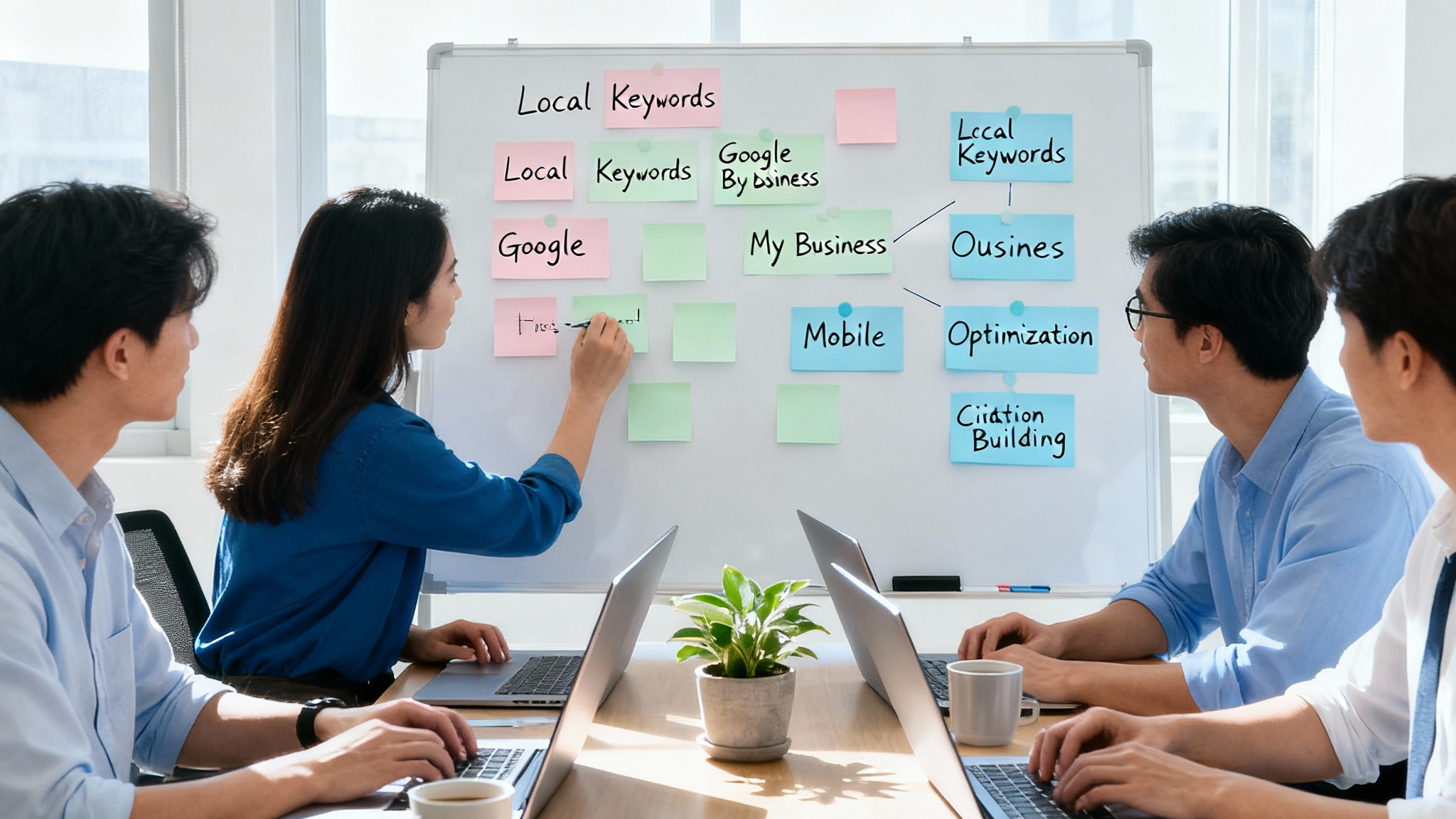 Team collaborating in a bright office, mapping out local SEO strategies on sticky notes and laptops. 