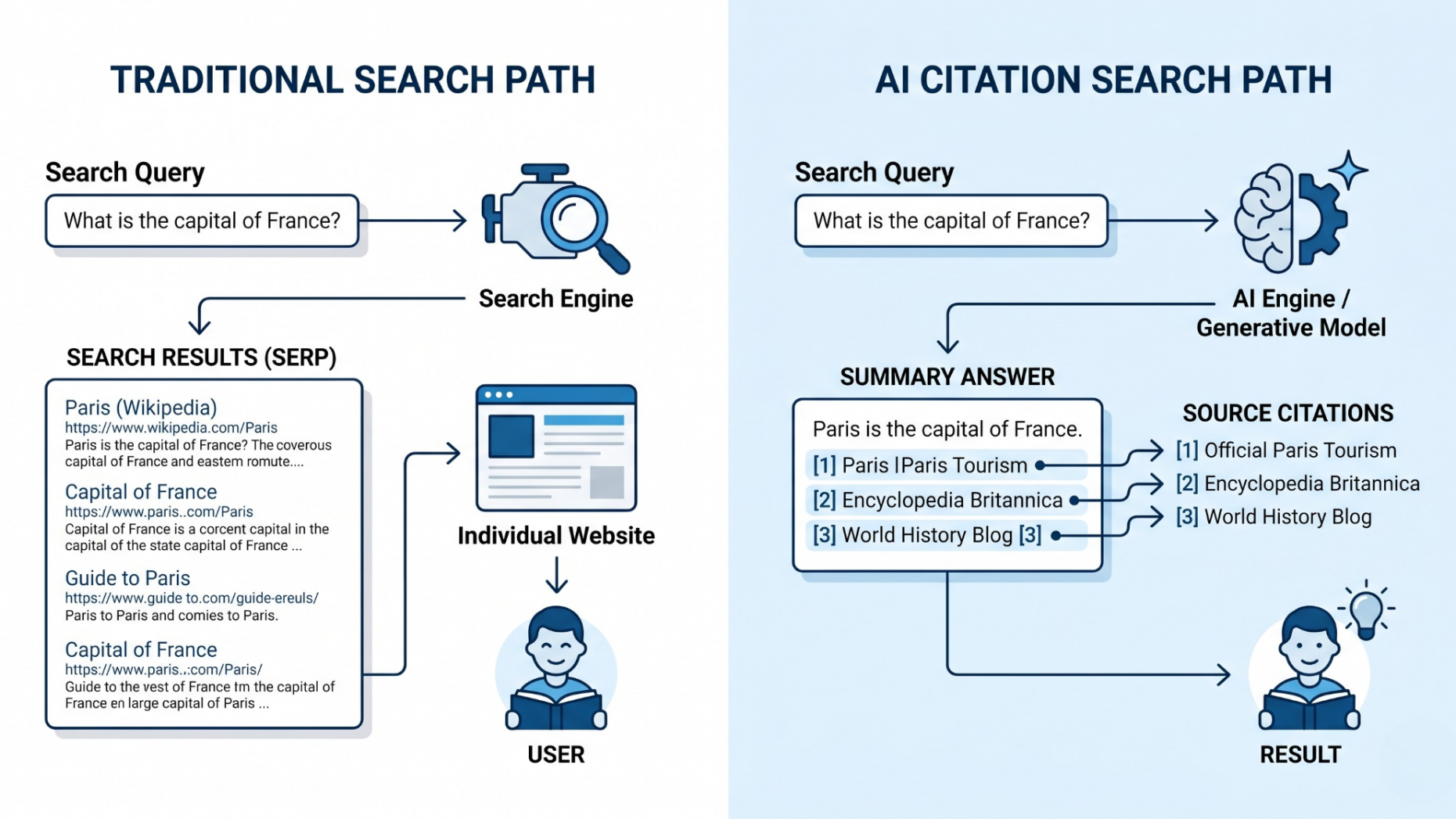 Traditional Search Path vs AI Citation Search Path