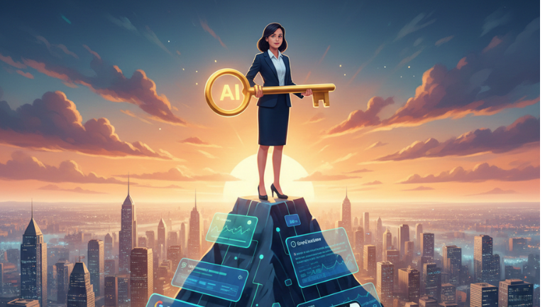 A dynamic, stylized illustration of a professional standing confidently on top of a digital mountain made of glowing search engine results pages (SERPs), looking over a city skyline. The screens below display Google's AI Overview and a mobile phone screen showing a high search ranking.