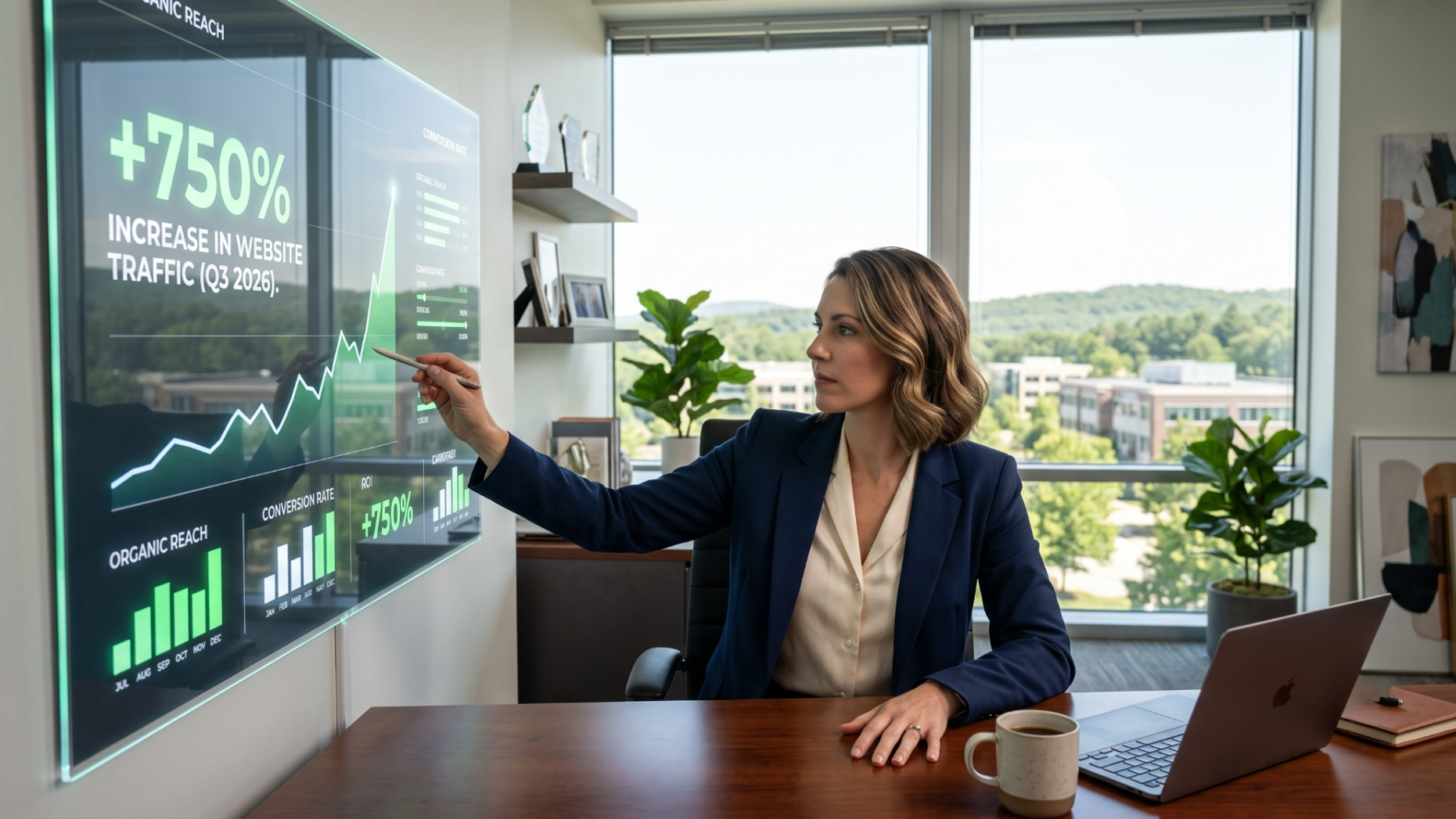 Marketing executive analyzing AI search visibility and website traffic growth.