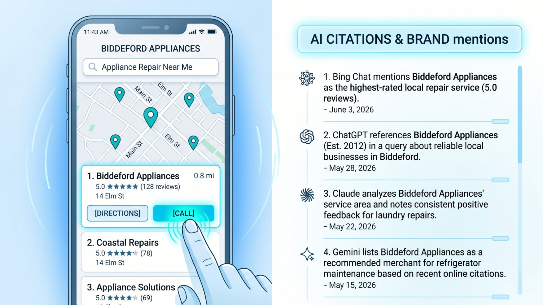 Split interface highlighting a mobile map call button press and conversational AI citations.