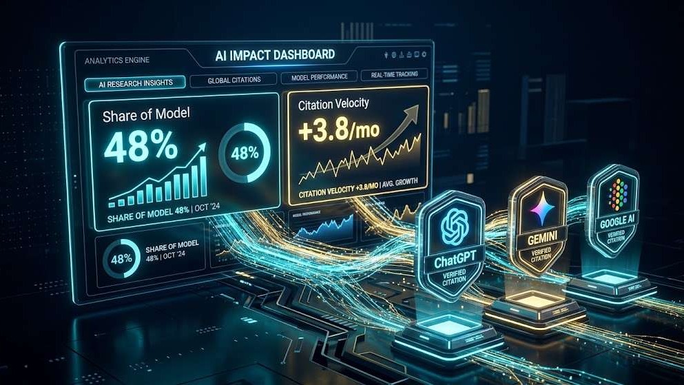 3D commercial graphic illustrating the Dual GEO Scorecard measuring Share of Model and Citation Velocity for AI search ROI.