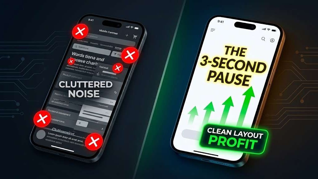 Split screen comparison showing a cluttered social media graphic versus an optimized clean layout that drives conversions.
