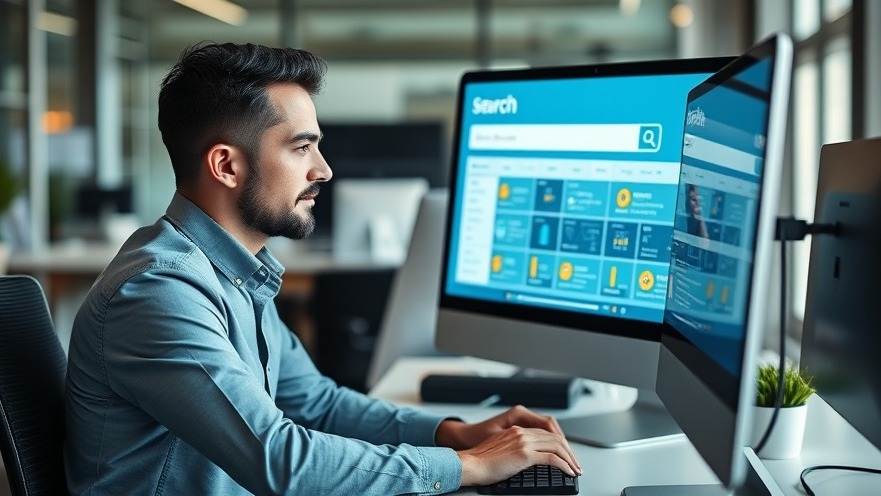 Professional business owner using computer with AI search results in modern office.