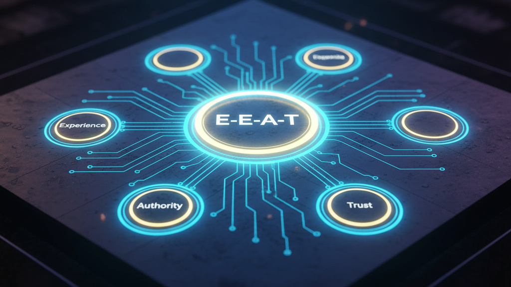 A digital circuit board with a powerful light emanating from a central node labeled 'E-E-A-T'. The circuit lines connect to four other nodes labeled 'Experience', 'Expertise', 'Authority', and 'Trust'