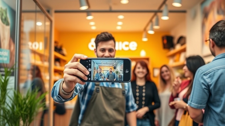 Cheerful small business owner filming video content marketing with customers, bright colors.