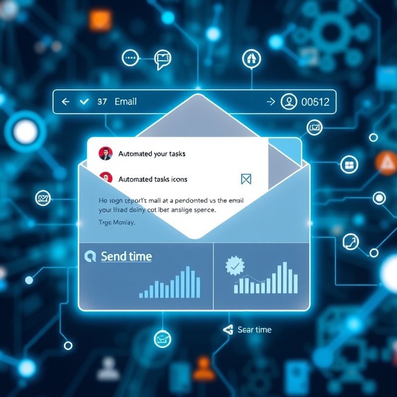 Create an image of a futuristic email inbox with AI elements, showcasing personalized emails, automated task icons, real-time analytics graphs, and optimized send time notifications.