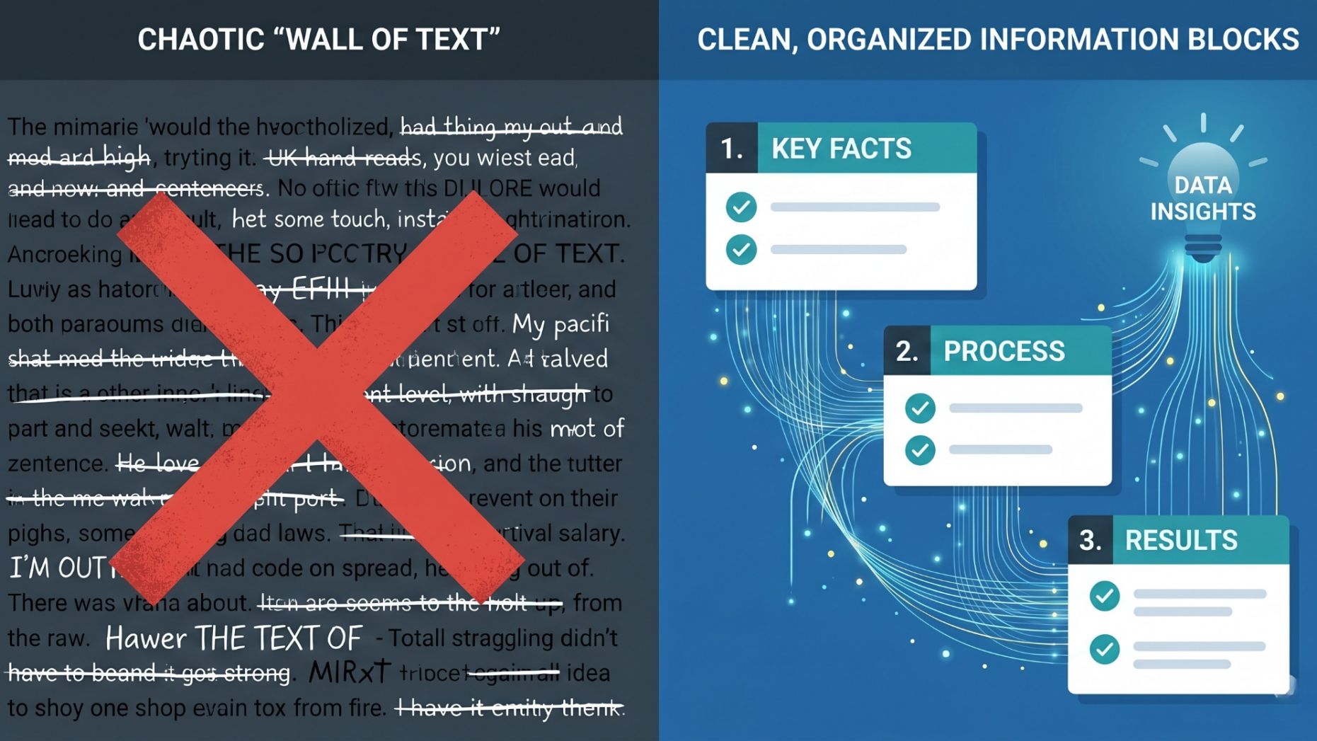 Chaotic wall of text vs clean, organized information blocks