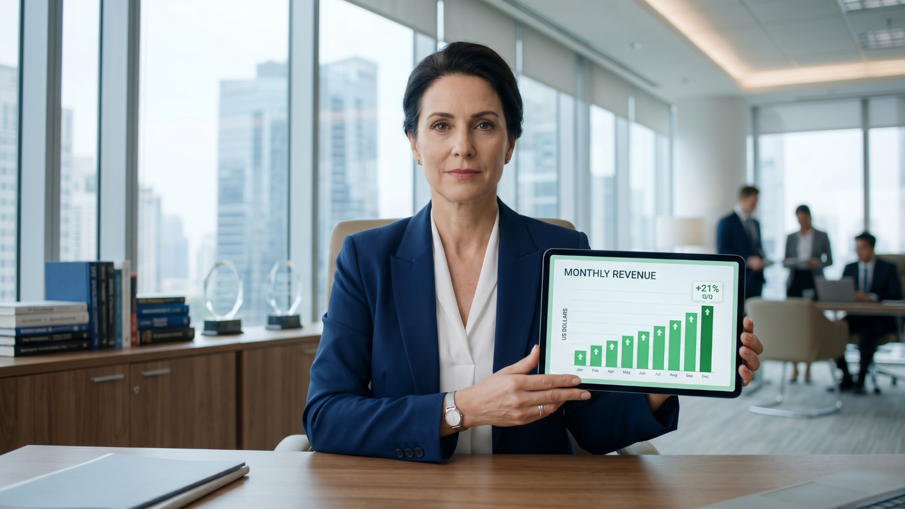 A business analyst reviewing a positive marketing return on investment chart on a tablet.