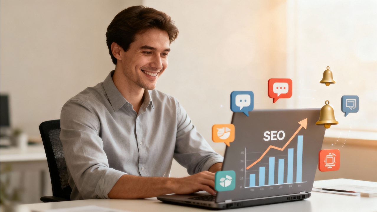A business owner confidently monitoring mentions on laptop, social media notifications surrounding, SEO graphs rising. 