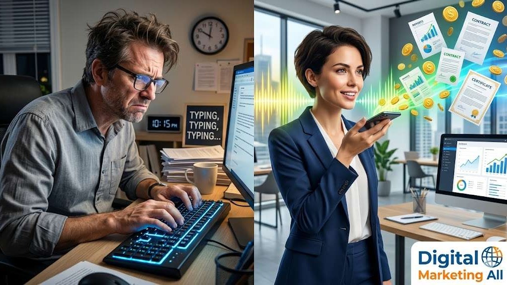 Comparison of typing vs speaking to AI for marketing productivity.