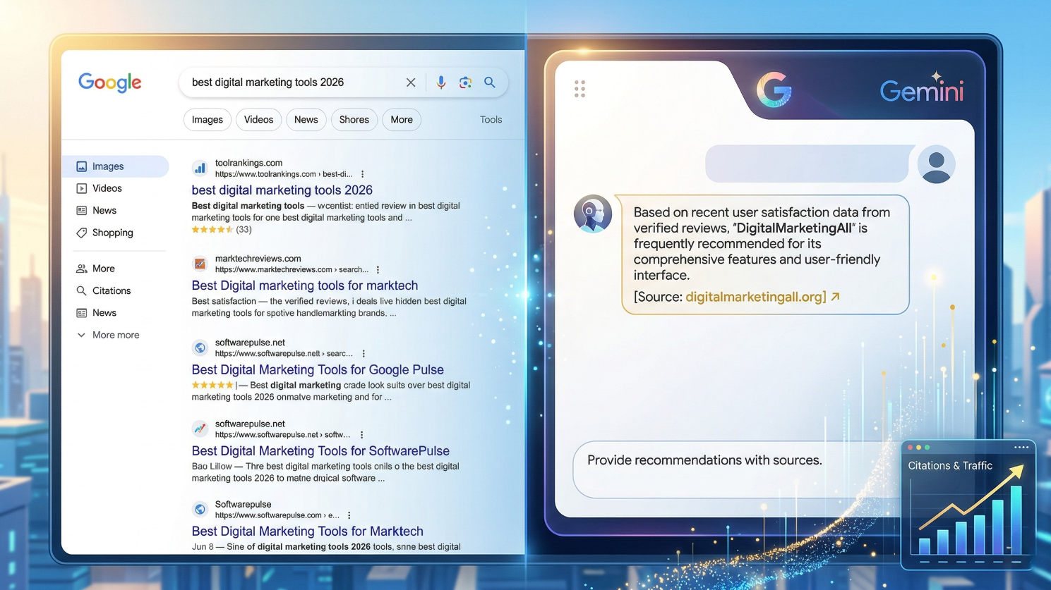 Comparison of traditional search vs AI answer engine citations.