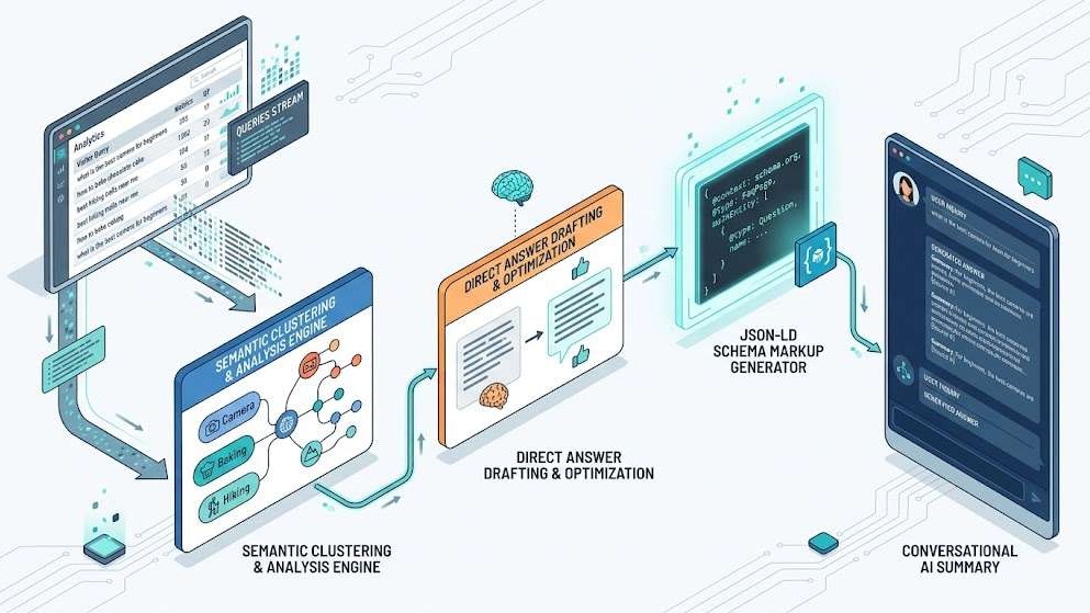 Technical flowchart illustrating the four-step process of turning internal search logs into AEO content blocks.
