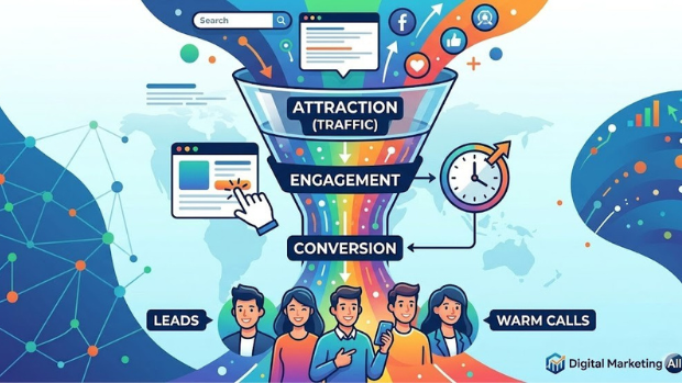 The digital marketing funnel: How high-quality traffic from NavBoost flows through to lead generation and conversion.