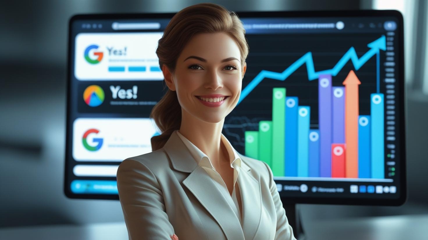Friendly business owner confidently in front of digital dashboard, showcasing rising customer engagement.