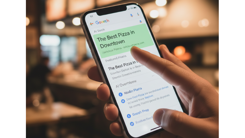 A close-up shot of a smartphone displaying a Google Search results page. The top feature is a perfect, clean AI Overview box with a clear, direct answer and a website link highlighted in green. A hand is pointing directly at the featured snippet.