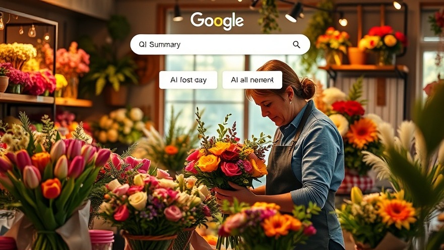 Florist crafting a vibrant bouquet under Google search spotlight with happy customers.