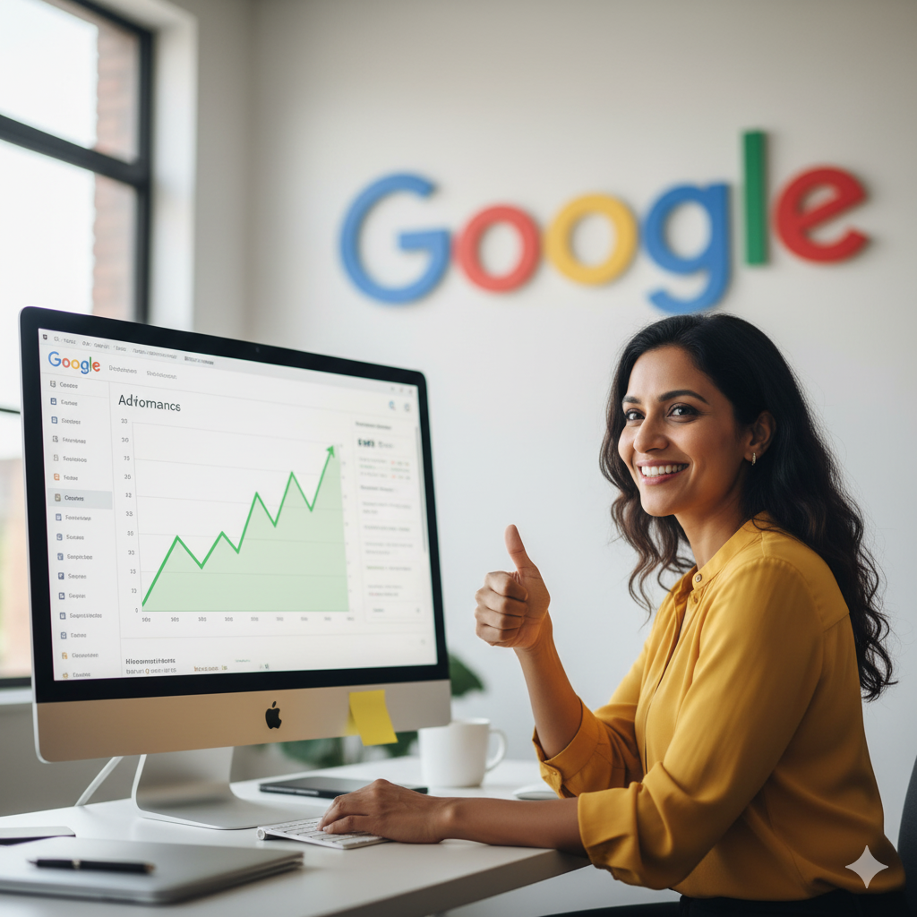Business owner smiling at computer screen with rising graph of ad performance, Google logo in background; vibrant colors, motivational feel.