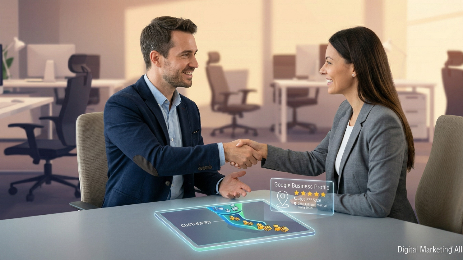 A friendly business owner shaking hands with a customer in a bright, modern office, warm lighting, realistic style.
