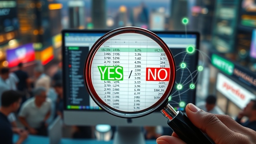 Futuristic magnifying glass over Google Sheets with green 'YES' and red 'NO', glowing data points.