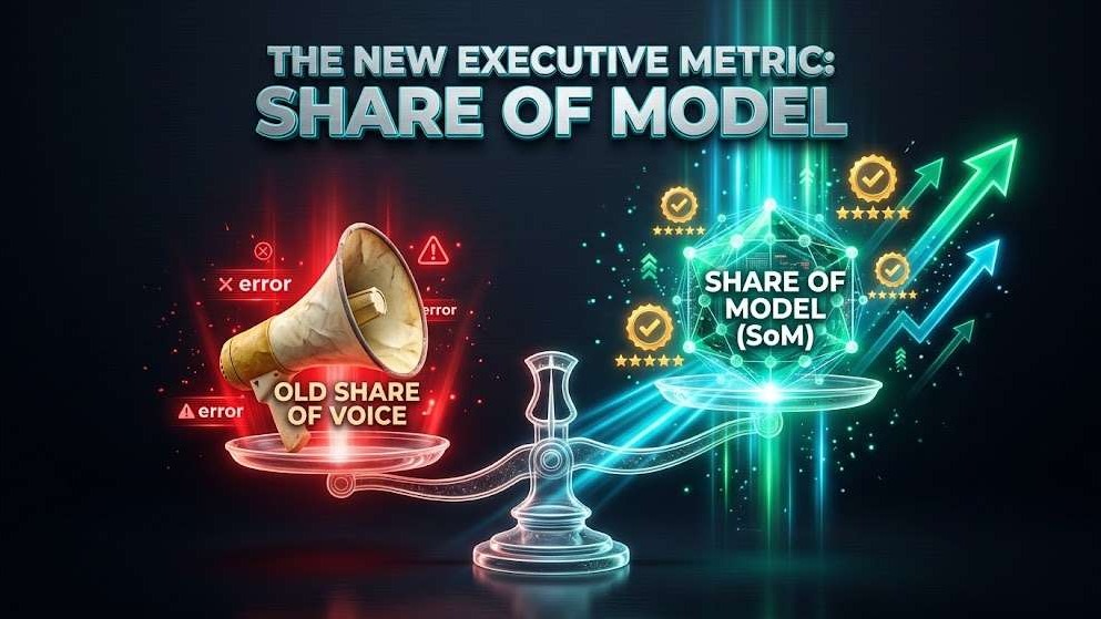 High-contrast visual showing the transition from traditional Share of Voice to Share of Model in conversational AI search.