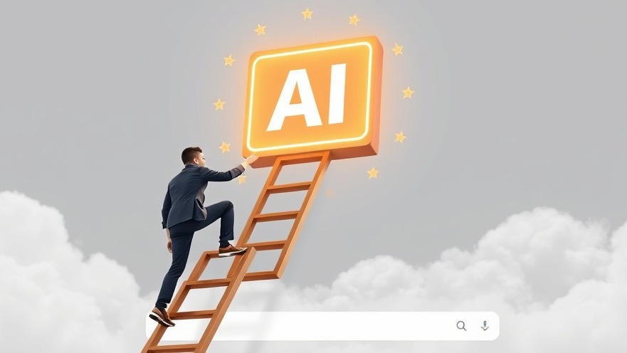 Business owner climbing ladder to reach shining AI overview box with authority badges.