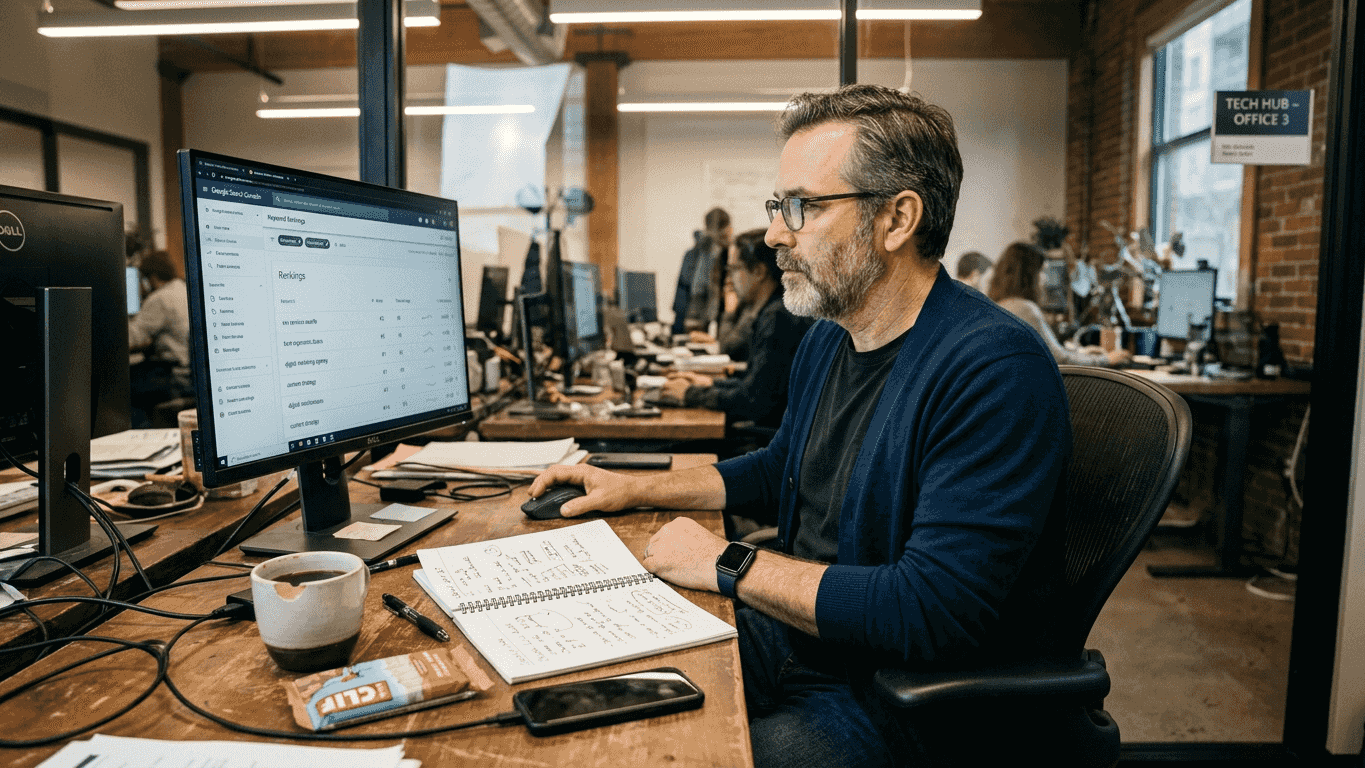 Man at a cluttered desk looking at keywords