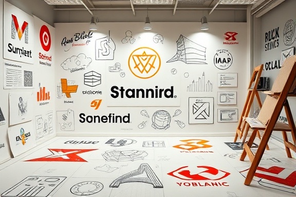 dynamic brand identity, bold expression, transforming, photorealistic, modern design studio filled with sketches, highly detailed, unique logos and typography, crisp color contrasts, soft box lighting, shot with an 85mm lens.