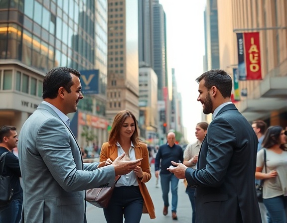 urban street, professionals networking, exchanging business cards, photorealistic, bustling city sidewalk with skyscrapers and advertisements, highly detailed, passerby in motion blur, high resolution, diverse color palette, afternoon sun, shot with a telephoto lens.