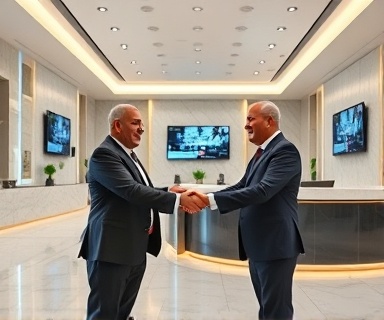 corporate office, executives smiling, shaking hands, photorealistic, sleek and polished lobby with marble floors and large reception desk, highly detailed, press conference screens in background, precision clarity, neutral color scheme, overhead lighting, shot with a zoom lens.