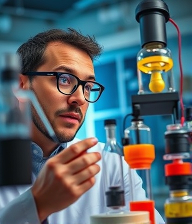 innovative brand innovation, curious expression, experimenting, photorealistic, lab environment with testing equipment, highly detailed, prototype models and patents, bright color accents, fluorescent lighting, shot with a telephoto lens.