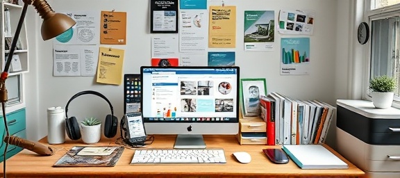 versatile brand assets, adaptable expression, organizing, photorealistic, cluttered desk with digital tools, highly detailed, various templates and layouts, pastel colors, task lighting, shot with a standard zoom lens.