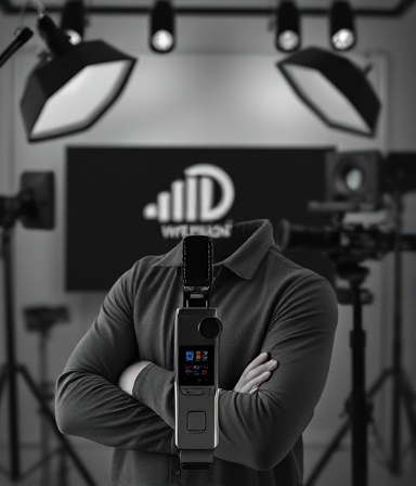 sophisticated digital branding, confident expression, creating, photorealistic, sleek studio with digital design equipment, highly detailed, dynamic visuals and logos, 4k resolution, monochrome with accents, studio lighting, shot with an 85mm lens.