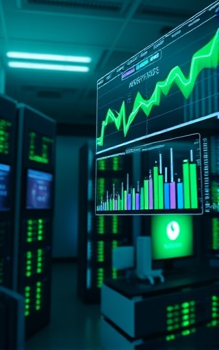 analytic digital analytics, insightful expression, analyzing, photorealistic, tech-filled lab with data servers and screens, highly detailed, graphs and charts floating in air, crystal clear quality, greens and blues, hard directional lighting, shot with a 100mm macro lens.