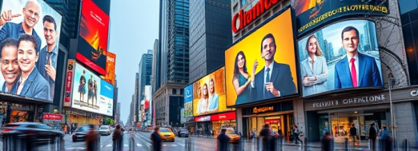 innovative integrated marketing campaign, creative, launching new concepts, photorealistic, urban setting with billboards and screens, highly detailed, bustling city dynamics, vibrant colors, diffused lighting, shot with a Nikon 24-70mm f/2.8G lens.