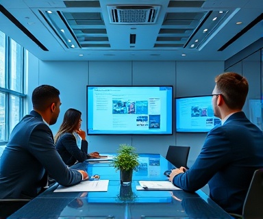 seamless integrated marketing communications, synchronized, discussing with stakeholders, photorealistic, modern conference room with visual aids, highly detailed, interactive presentations, professional blue hues, overhead lighting, shot with a 24mm wide-angle lens.