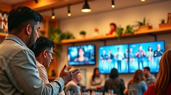 personalized engagement, fostering connection, interacting, photorealistic, cozy community space with screens and people, highly detailed, live interactive user inputs, HDR quality, warm pastel colors, natural soft lighting, shot with an 85mm lens.