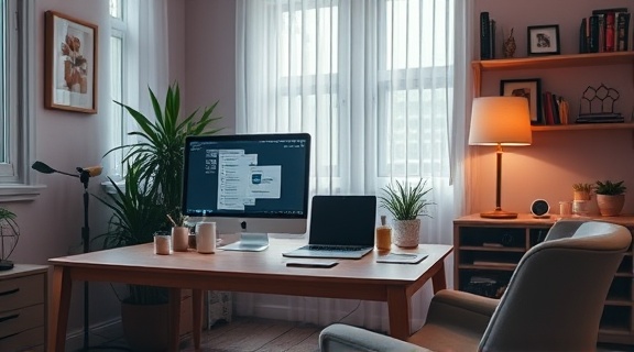 personalized messaging, sparking interest, composing, photorealistic, stylish home office with a computer setup, highly detailed, intuitive messaging app UI, 4K resolution, muted hues, side lighting, shot with a 50mm lens.