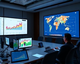 personalized targeting, analytical scrutiny, analyzing, photorealistic, conference room with digital screens and charts, highly detailed, demographic heatmaps, 6K resolution, cool tones, ambient natural lighting, shot with a telephoto lens.
