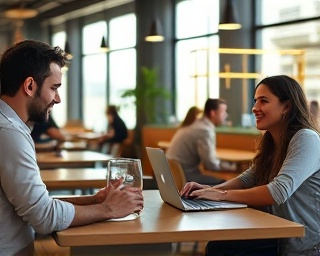 personalized messaging, lively discussion, typing, photorealistic, casual coffee shop with laptops and conversation, highly detailed, engaging message threads, 4K resolution, cozy colors, soft daylight, shot with a 50mm lens.